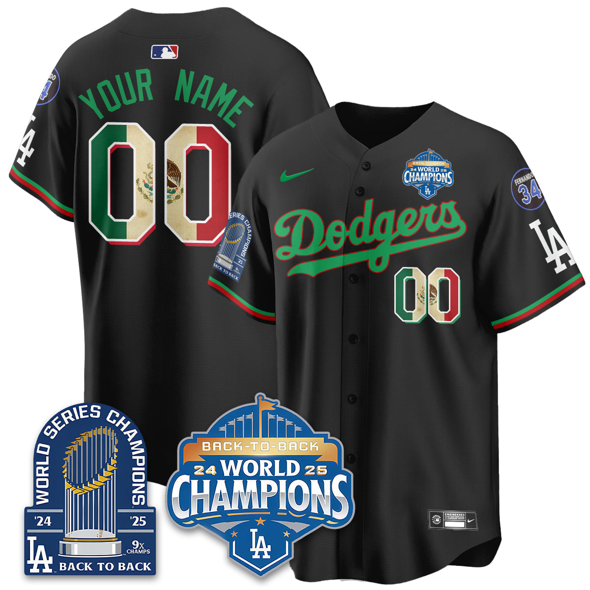 LAD Black Flag Mexico World Series Champions Jersey - 9x Champs - Stitched