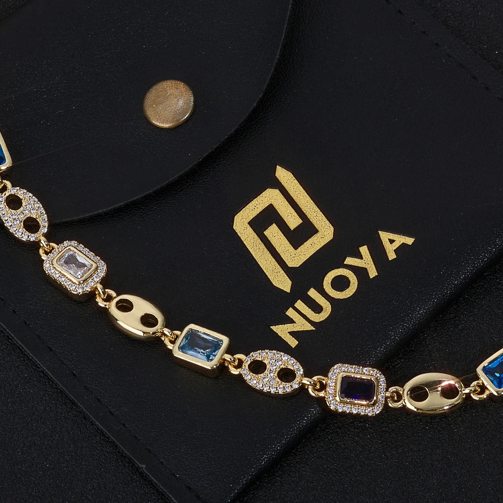 Hip hop Fashion Necklace Blue Rectangular Diamond Colored Gemstone Sparkling Men's And Women's Jewelry Holiday Gift