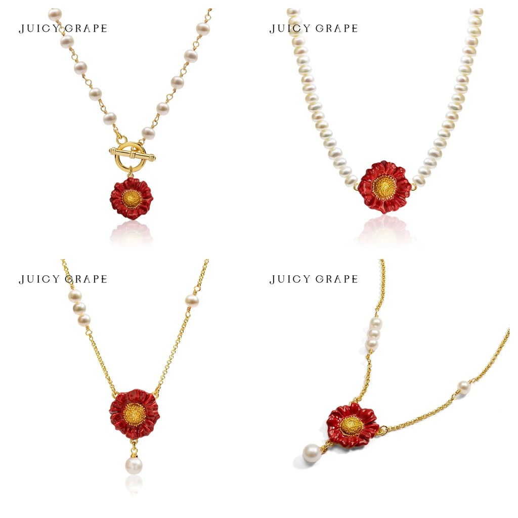 Juicy Grape Enamel Red Flower Pearl Necklace Gold Plated Floral Pendant Boho Jewelry Gift for Women Mother's Day Gifts