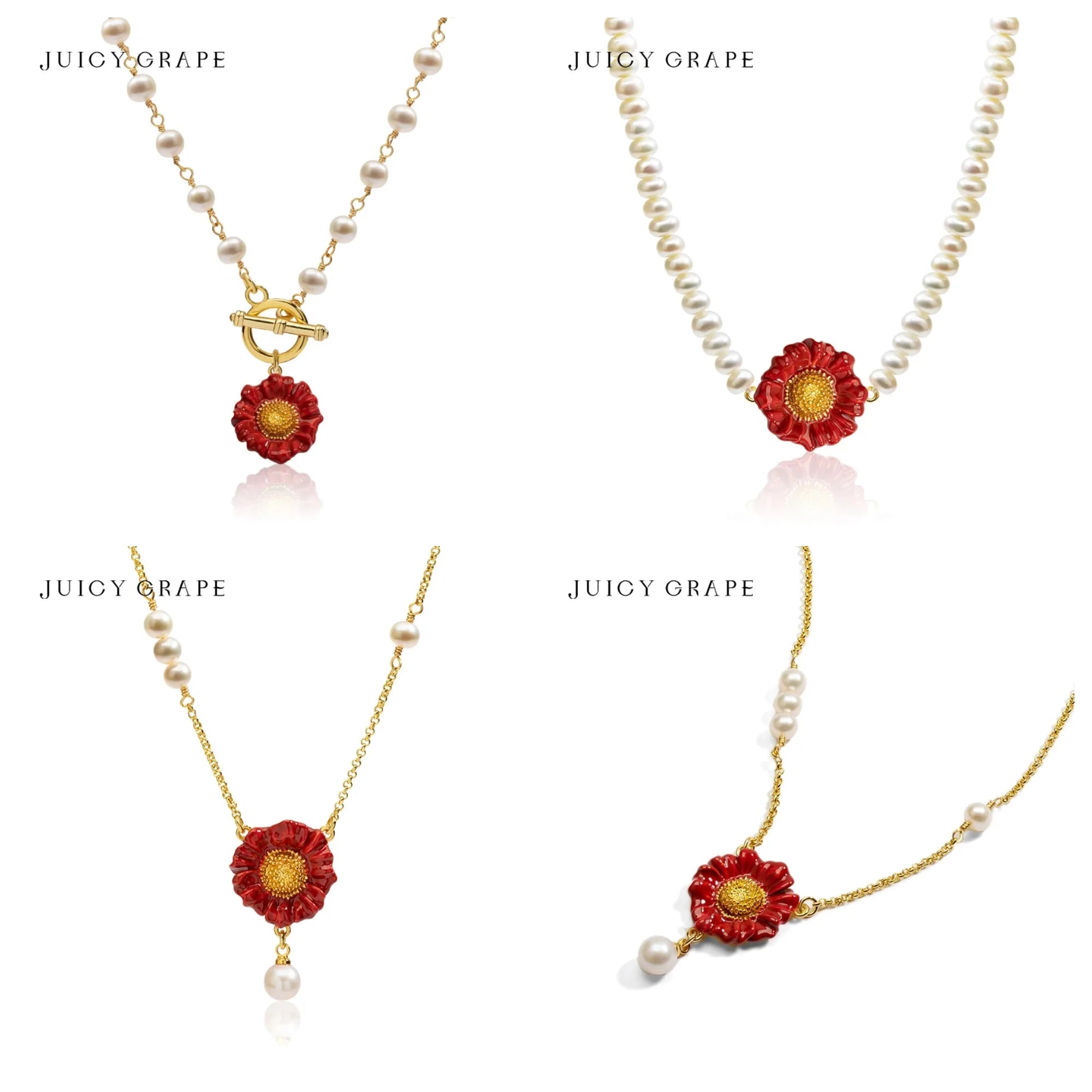 Juicy Grape Enamel Red Flower Pearl Necklace Gold Plated Floral Pendant Boho Jewelry Gift for Women Mother's Day Gifts