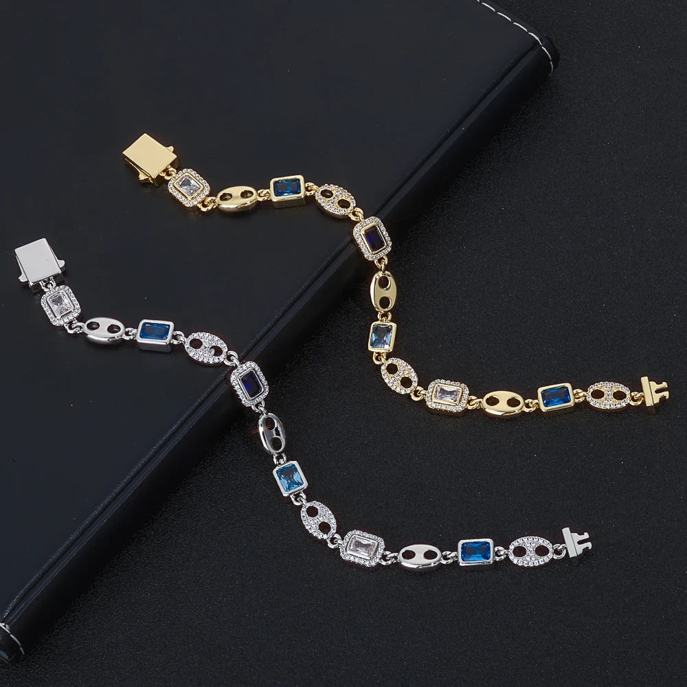 Hip hop Fashion Necklace Blue Rectangular Diamond Colored Gemstone Sparkling Men's And Women's Jewelry Holiday Gift