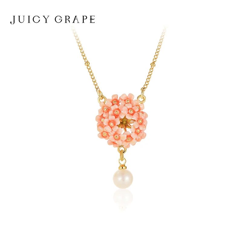 Juicy Grape Pink Hydrangea Flower Enamel Necklace Floral Cluster Pendant Necklace with Pearl for Women 2026 New Fashion Jewelry