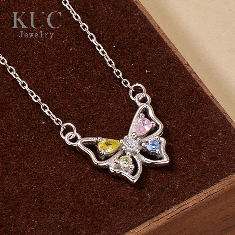 Y2K Fashion 925 Sterling Silver Fine Jewelry Trendy Colored Zircon Butterfly Hollow Out Pendant Necklaces for Women
