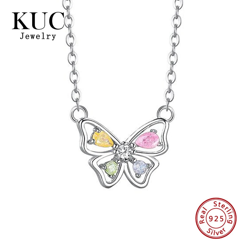 Y2K Fashion 925 Sterling Silver Fine Jewelry Trendy Colored Zircon Butterfly Hollow Out Pendant Necklaces for Women