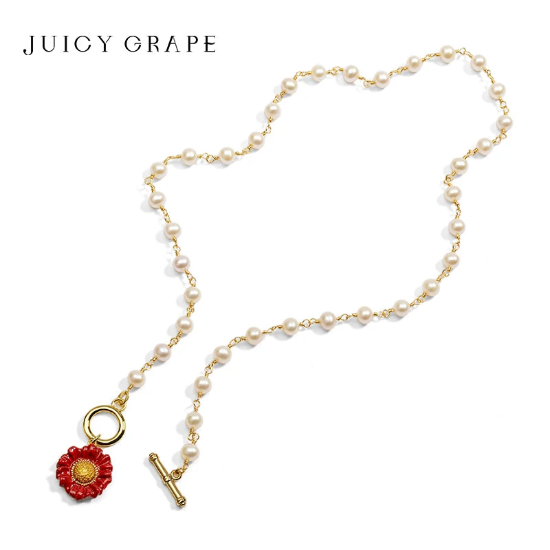 Juicy Grape Enamel Red Flower Pearl Necklace Gold Plated Floral Pendant Boho Jewelry Gift for Women Mother's Day Gifts