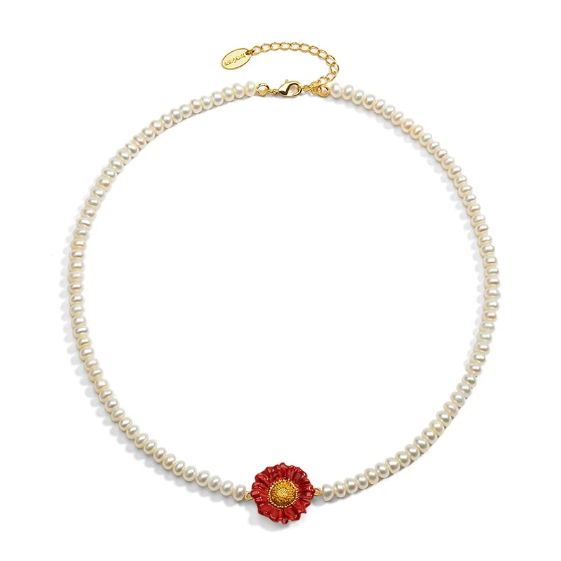 Juicy Grape Enamel Red Flower Pearl Necklace Gold Plated Floral Pendant Boho Jewelry Gift for Women Mother's Day Gifts