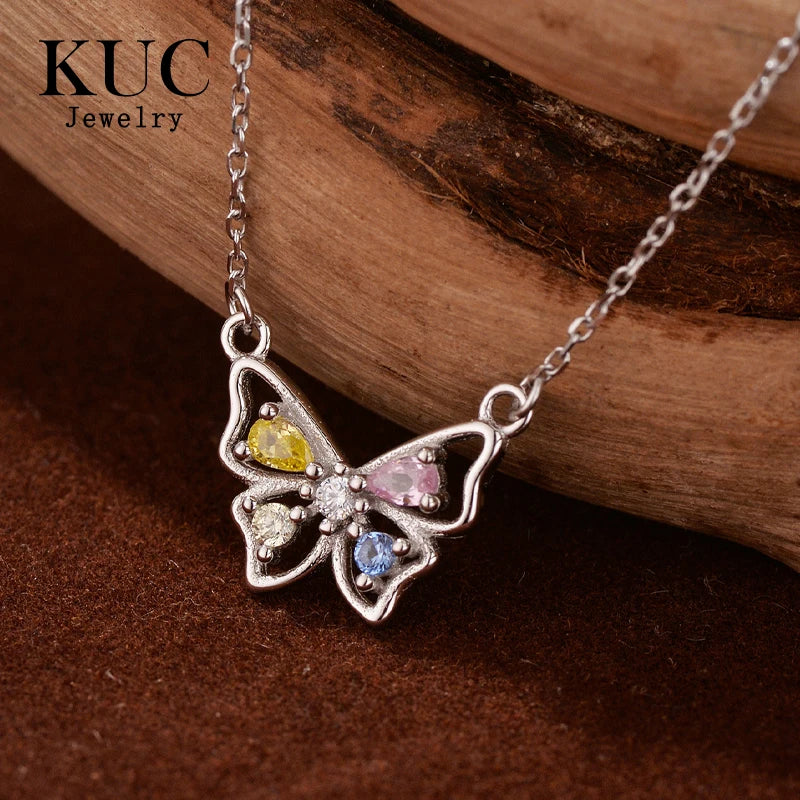 Y2K Fashion 925 Sterling Silver Fine Jewelry Trendy Colored Zircon Butterfly Hollow Out Pendant Necklaces for Women