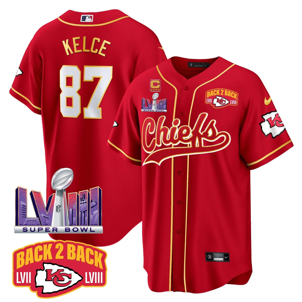 Chiefs Super Bowl LVIII & Back 2 Back Patch Baseball Men Jersey - All Stitched