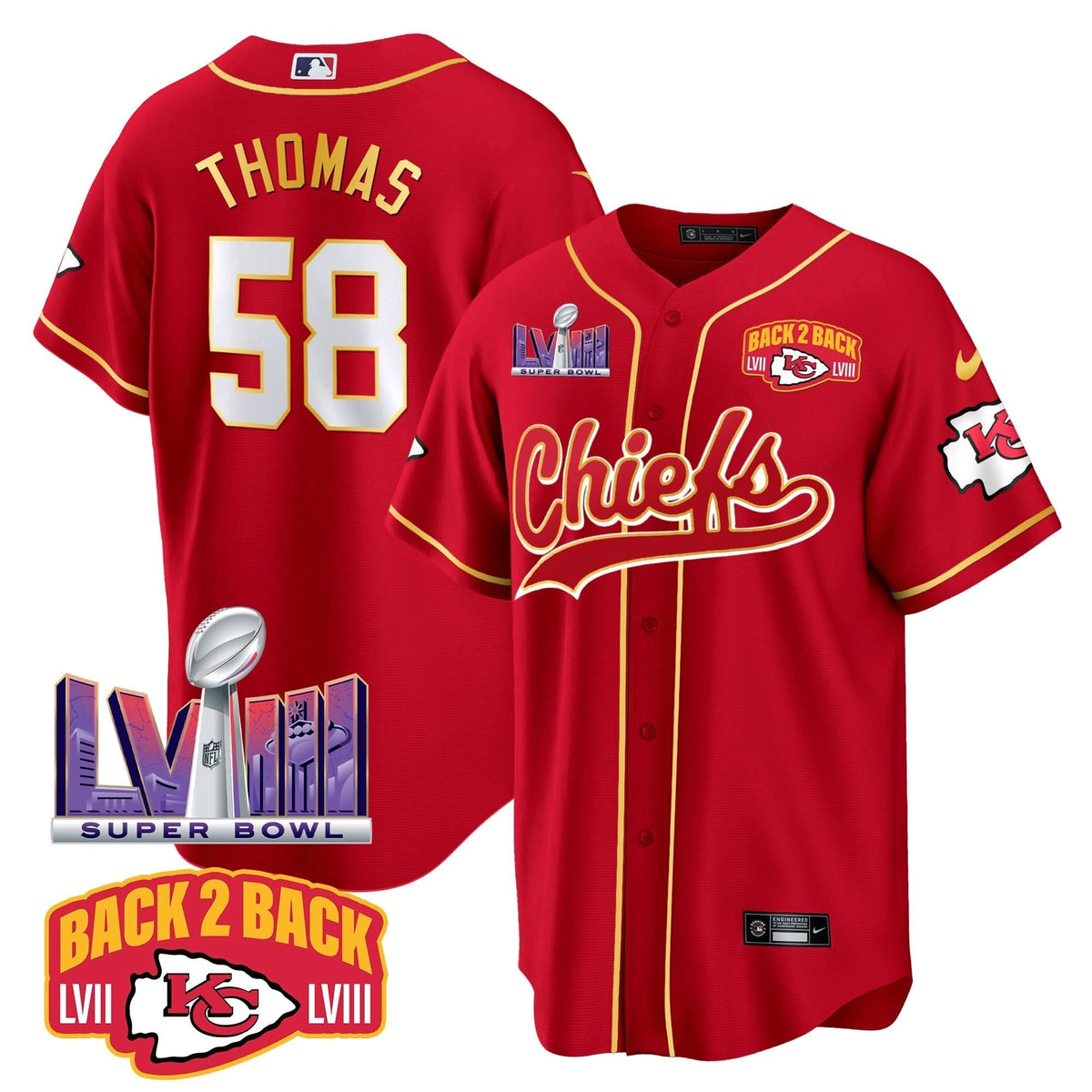 Chiefs Super Bowl LVIII & Back 2 Back Patch Baseball Men Jersey - All Stitched