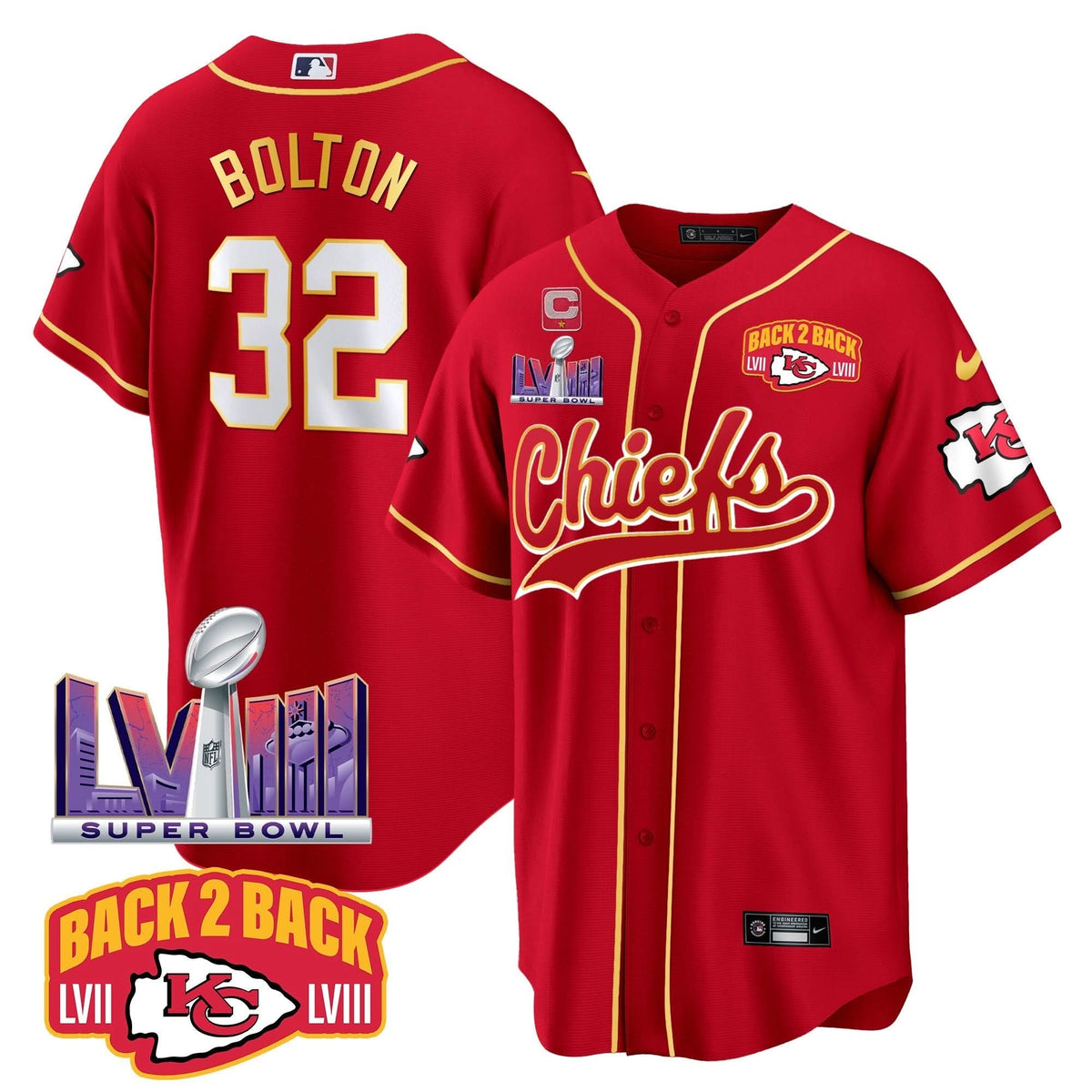 Chiefs Super Bowl LVIII & Back 2 Back Patch Baseball Men Jersey - All Stitched