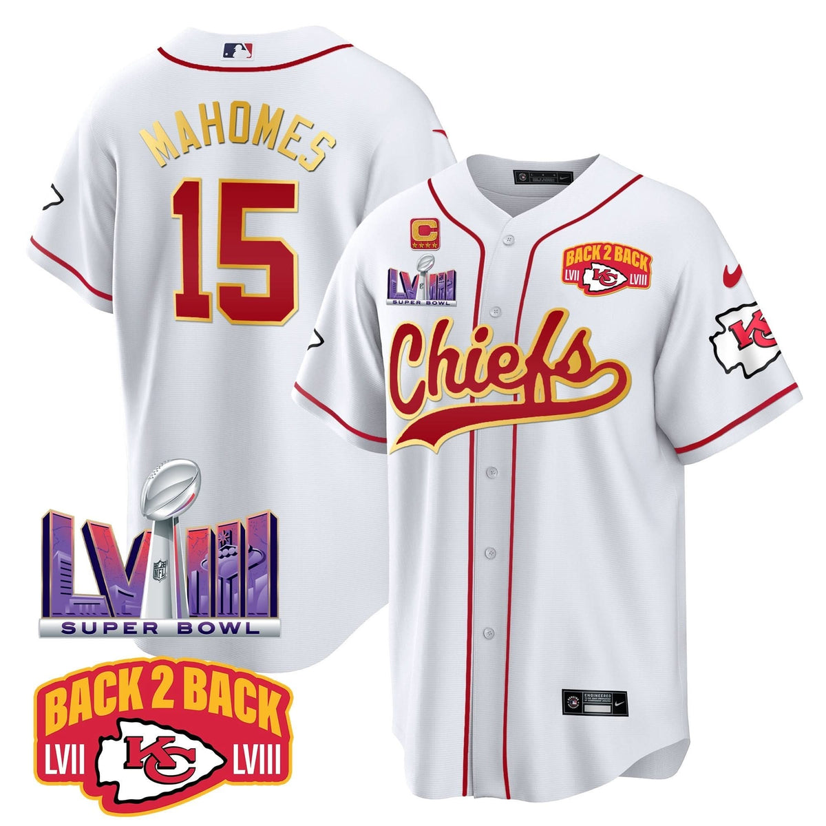Chiefs Super Bowl LVIII & Back 2 Back Patch Baseball Men Jersey - All Stitched