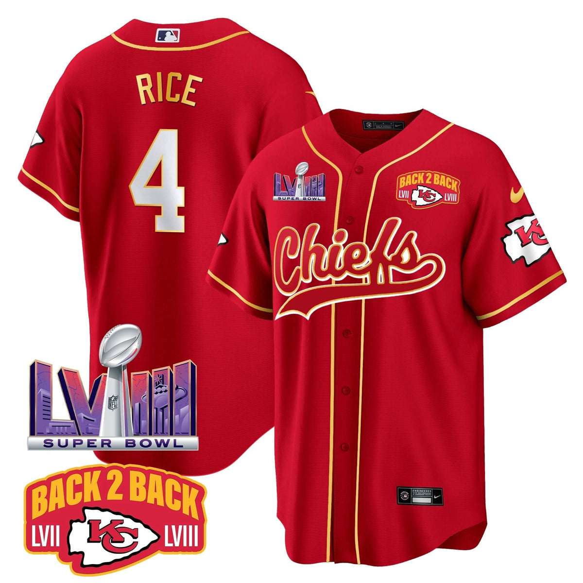 Chiefs Super Bowl LVIII & Back 2 Back Patch Baseball Men Jersey - All Stitched