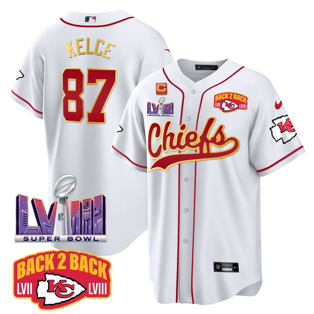 Chiefs Super Bowl LVIII & Back 2 Back Patch Baseball Men Jersey - All Stitched